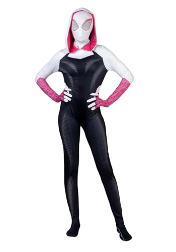 Marvel Spider-Gwen Offizielles Zentai-Halloween-Kostüm für Erwachsene – Elastan-Overall mit Kapuze und bedrucktem Design und Spandex-Maske zum Überziehen von Jazwares Costume Play