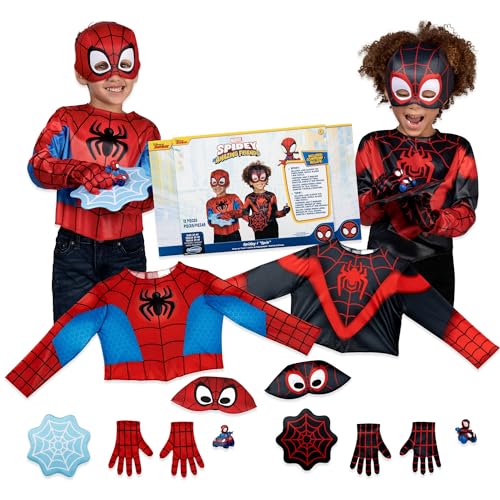 Marvel Spidey and Spin Offizielles Kinder-Kostüm-Set, langärmliges T-Shirt mit Halbmasken, Handschuhe, Stoffschilden und kleinen Fahrzeugen (3-4T) von Jazwares Costume Play