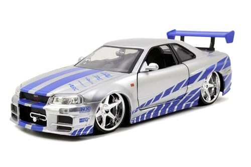 Jada Toys 97158 Fast & Furious Brian's 2002 Nissan Skyline GTR-R R34, Auto, Tuning-Modell im Maßstab 1:24, mit Spoiler, zu öffnende Türen, Motorhaube und Kofferraum, Freilauf, silber von Jazwares