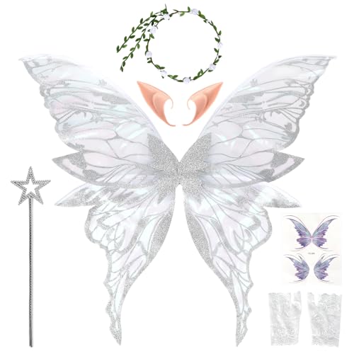 Jbnausoy Feenflügel für erwachsene Frauen, Kostüm-Set mit Blumengirlande, Elfenohren, Feenstab, Spitzenhandschuhe und Schmetterlingsaufkleber, 80 x 75 cm, Organza-Schmetterlingsflügel für Geburtstag von Jbnausoy