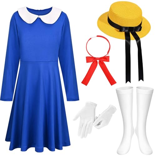 JcHrmers 5-teiliges Halloween-Kostüm-Set für französische Schule, blaues Kleid, gelbe Mütze, weiße Socken, Handschuhe, rote Fliegen, Blau, XL JcHrmers 5-teiliges Halloween-Kostüm-Set für französische Schule, blaues Kleid, gelbe Mütze, weiße Socken, Handschuhe, rote Fliegen, Blau, XL von JcHrmers
