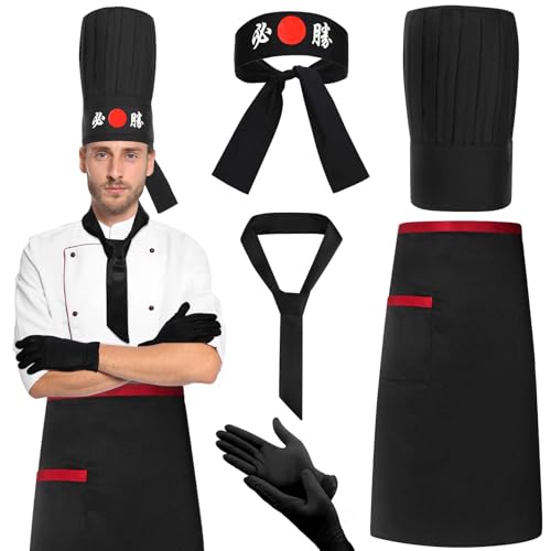 JcHrmers Hibachi-Kochkostüm-Zubehör, japanische Teppanyaki-Kappe, Hachimaki-Stirnband, Schürze, Nitrilhandschuhe, Schwarz, 5 Stück von JcHrmers