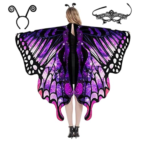 Jcasbdn 1 Set Schmetterling Kostüm (3pcs) Doppelte Schmetterlingsflügel mit Stirnband schwarzer Spitzen -Augenmaske für Frauen Halloween Kostüme Style22 von Jcasbdn