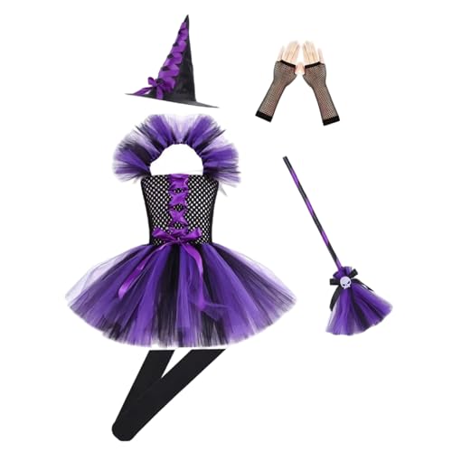 Jcasbdn 5pcs/Set Witch Kostüm für Mädchen mit Tüllrockhut -Besen und Socken Halloween Kleinkind Hexen Kostum Cosplay Party Dress Up L. von Jcasbdn