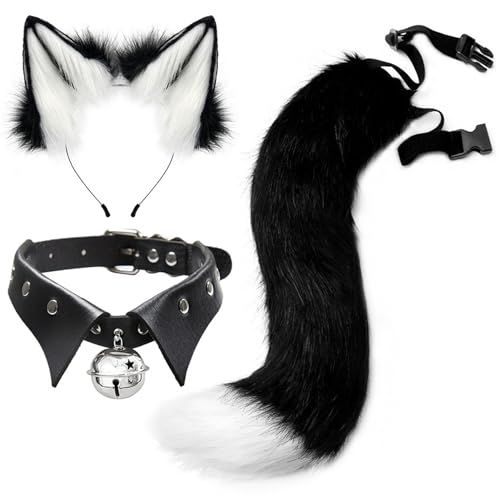 Jcasbdn Fuchsohren und Schwanzset, weiche flauschige Fuchs-Ohren-Stirnband, verstellbares pelziges Schwanz und Halshändler im Kragenstil, Wolf Kostüm für Halloween-Party-Cosplay-Kostüm von Jcasbdn