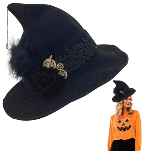 Jcasbdn Hexenhut Filz Woll Hexenhut Erwachsener mit schwarzer Rosengestrickkappe für Zaubererkostüm, Cosplay, Halloween -Party und Ghost Festival von Jcasbdn