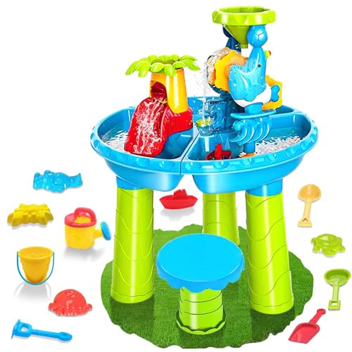 Jcasbdn Kids Water Table, 3 in 1 Wasser- und Sandspieltisch mit Tieren Formen, Schaufeln, Kelle, Handscharke, Eimer, Bank und mehr für Sommer -Beach -Pool -Hinterhof -Spielzeuge von Jcasbdn