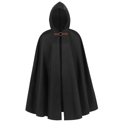 Jcasbdn Mittelalterlicher Umhang Vintage Schwarzer Umhang mit Kapuzen Renaissance Kapuze -Robe mit Metallschleifenverschluss für Halloween -Rollenspiele von Jcasbdn