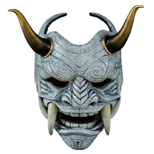 Jcasbdn Oni Mask Scary Vollgesicht Samurai Maske mit Zäfern und Ochsenhorn 11x9.5 Horror Teufel mit Gummiband für Halloween Masquerade Cosplay -Requisiten von Jcasbdn