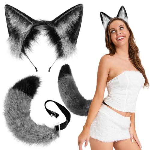 Jcasbdn Pelzig Kostüm, Fox -Kostüm -Set enthält elastische Fuchs -Ohren -Stirnband und biegsame Therian -Schwanz für die Halloween -Anime -Cosplay -Party von Jcasbdn