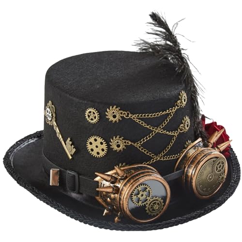 Jcasbdn Steampunk Hat Grusooky Halloween Top-Hut mit Schutzbrille, roten Rosen, Zahnrädern, Ketten Kopf Kopfstücke Halloween-Accessoires für Frauen für 22-23 Kopf für Maskerade Jcasbdn Steampunk Hat Grusooky Halloween Top-Hut mit Schutzbrille, roten Rosen, Zahnrädern, Ketten Kopf Kopfstücke Halloween-Accessoires für Frauen für 22-23 Kopf für Maskerade von Jcasbdn