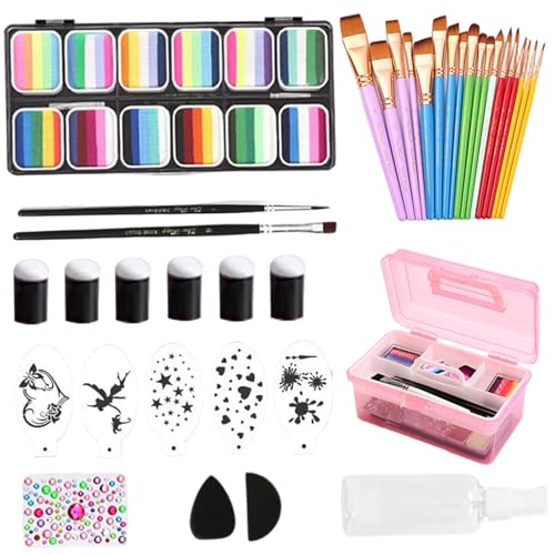 Schminken Kit 12 Gitterkuchen Paletten Facepaint Make -up -Kit mit Schablonen Pinsel und Aufkleber Regenbogen ungiftiger Gesichtsfarbe Körperfarbe Schminken Kit 12 Gitterkuchen Paletten Facepaint Make -up -Kit mit Schablonen Pinsel und Aufkleber Regenbogen ungiftiger Gesichtsfarbe Körperfarbe von Jcasbdn