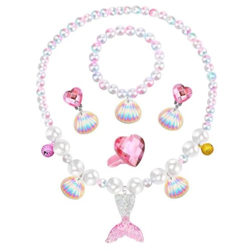 1 Set 5-teiliges Mermaid-Pearl-Schmuckset für Mädchen, mit Halskette, Armband, Ohrringe, Ring, Prinzessin-Outfit-Geschenkbox (Halloween) von JchEnye