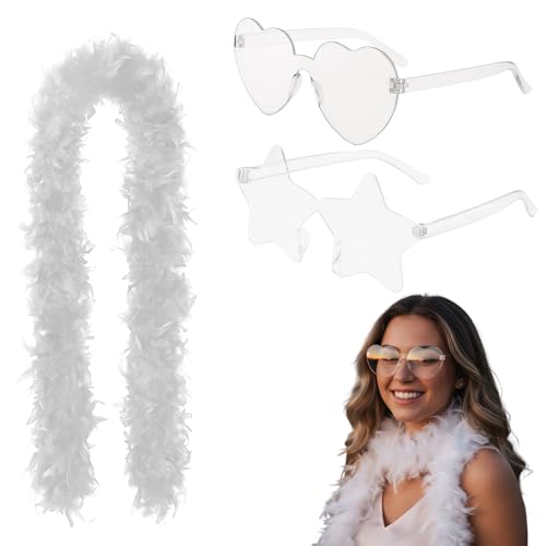 Federboa Weiß, 200cm Federn Weiß Mit Zwei Brillen, Truthahnboa-Federn, Straußenfedern Für Partys, Hochzeiten, Konzerte, Kostüme Und Dekoration, (Weiß) von JcvPot