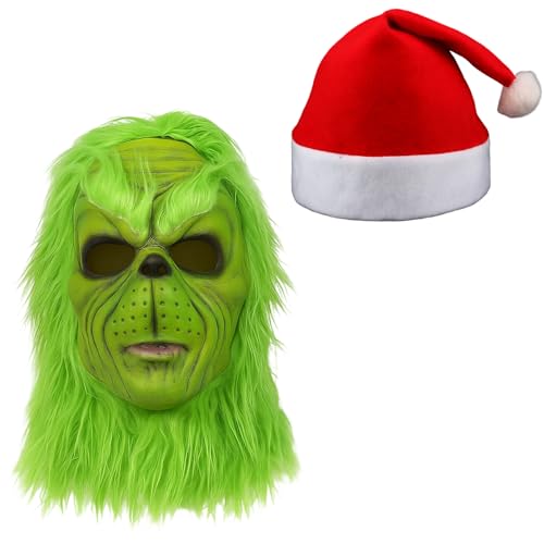 JcvPot Grinch Kostüm Furry Mask 2er Set, Weihnachtliche Grüne Monster Maske Mit Weihnachts Hut, Grinch Kostüm Erwachsene Für Weihnachtsfeiern, Karneval Und Cosplay von JcvPot