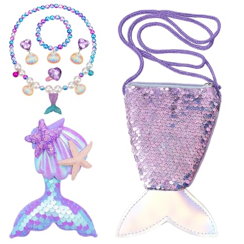 JcvPot Meerjungfrau Kostüm Mädchen, 7-Teiliges Set Mit Mermaid Tail, Ohrclips Kinder, Perlenkette, Armband, Ring, Haarspange Für Prinzessin Dress Up Und Party von JcvPot