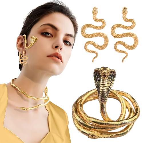 JeVenis 3 PCS Gold Big Snake Choker Medusa Necklace Snake Earrings Medusa Costume von JeVenis