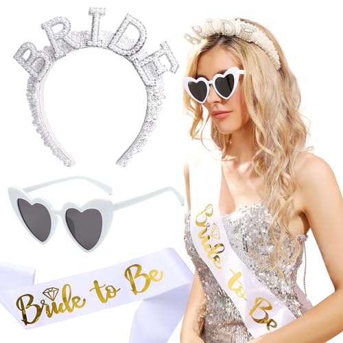 JeVenis 3 Stück Braut Stirnband Bride To Be Schärpe Bachelorette Party Braut Brille Braut Krone Tiara Braut Kopfschmuck Bachelorette Party Dekorationen von JeVenis