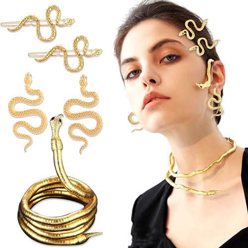 JeVenis 5 PCS Gold Snake Choker Medusa Necklace Snake Earrings Medusa Costume von JeVenis