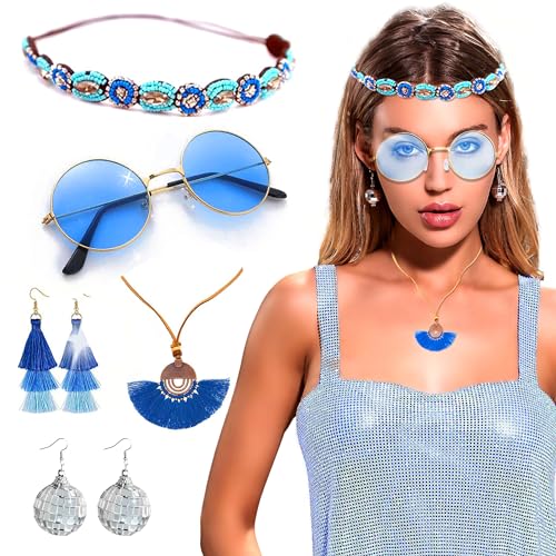 JeVenis 5 PCS Mamma Mia Zubehör Abba Stirnband Disco Blau Sonnenbrille Mama Mia Kostüm Abba Kostüme Damen Disco Kostüm Mama Mia Dekoration, Farbe2 von JeVenis