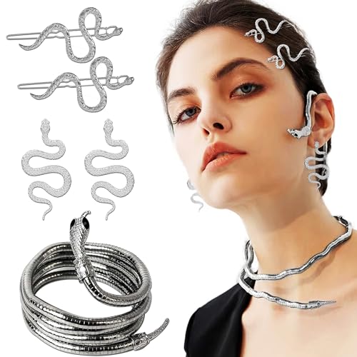 JeVenis 5 PCS Silver Snake Choker Medusa Necklace Snake Earrings Medusa Costume von JeVenis