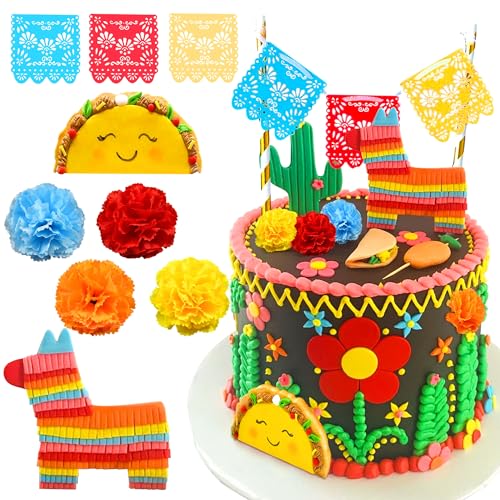 JeVenis Papel Picado Cake Banner Mexican Fiesta Cake Decoration Mexican Wedding Toppers For Cake Mexican Fiesta Flowers Cake Topper Fiesta Cake Topper von JeVenis