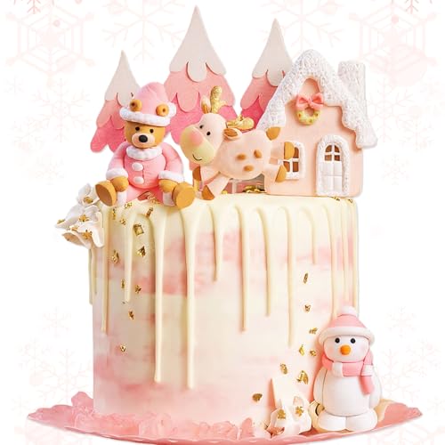 JeVenis 6 Stück rosa Weihnachtsmann-Weihnachts-Kuchenaufsätze, Schneemann, Hirsch, Baum, Kuchendekoration, Picks für Weihnachten, Winterwunderland, Party, Kuchendekorationen von JeVenis