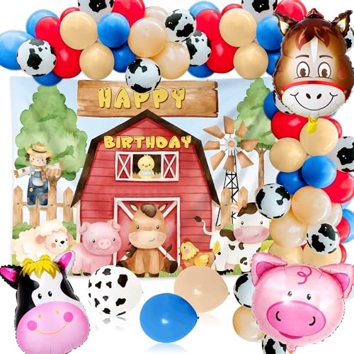 JeVenis Bauernhoftiere Geburtstagsdekorationen Bauernhaus Barnyard Themed Dekorationen Kuh Schwein Pferd Ballon Banner Bauernhof Geburtstag Party Supplies von JeVenis