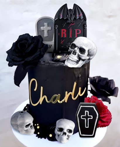 JeVenis Black Skull Cake Topper Schwarz Gotisch Deko Gotisch Kuchen Deko Geburtstags Deko Rose Tortendeko Schädel Deko Schwarze Geburtstagstorte Dekoration von JeVenis