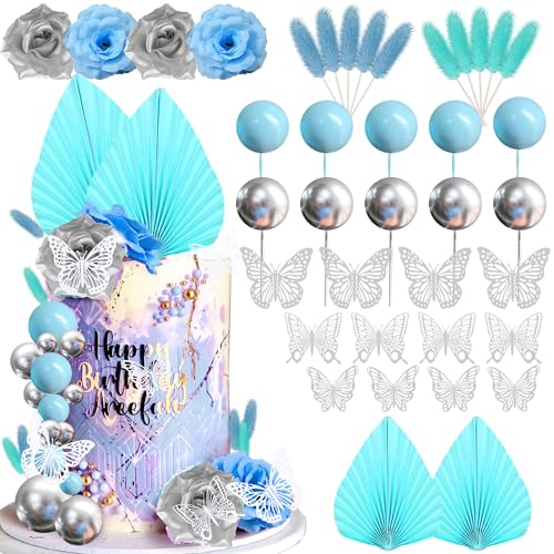 JeVenis Blau Acryl Minimalistische Kunst Lady Face Kuchen Topper, Tortendeko Blumen Golden, Kugeln, Hochzeit Cupcake Topper von JeVenis