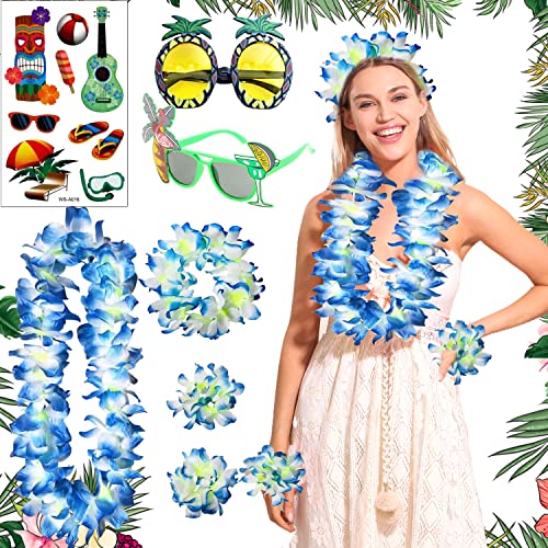 JeVenis Blau Hawaii Party Kostüme Set Hawaii Kostüm Damen Ananas Sonnenbrille Blume-Armbänder Blumen Faschingskostüme für Beachparty Deko von JeVenis