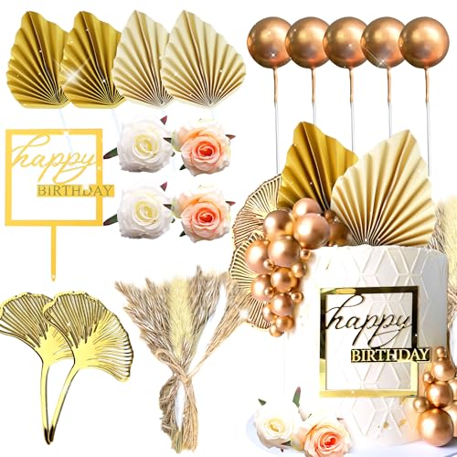 JeVenis Boho Champagner Rose Tortendekoration Kugeln Tortendekoration Gold Palmenblätter Tortendekoration Bohemian Weiß Gold Kugel Tortendekoration Boho Party Supplies von JeVenis