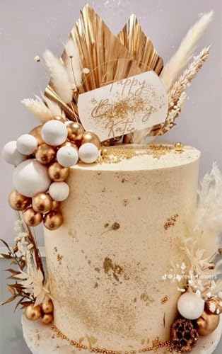 JeVenis Champagner Tortendekoration Dekoration Goldkugeln Kuchendekoration Goldene Palmblätter Tortenaufleger Boho Weißgoldkugel für Hochzeit Geburtstag Geburtstag Jahrestag von JeVenis