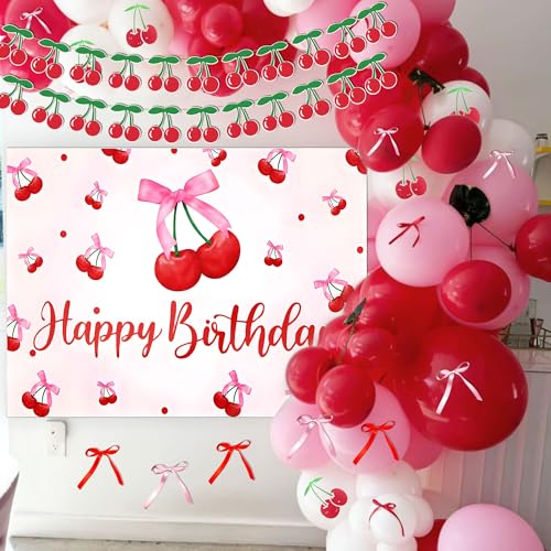 JeVenis Cherry Birthday Backdrop Banner She's The Cherry on Top Balloons Cherry Theme Bow Birthday Decorations Bow Party Decor Cherry Party Decor Props von JeVenis