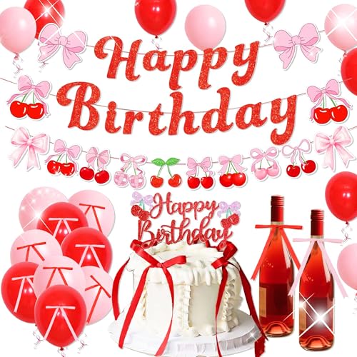 JeVenis Cherry Birthday Backdrop Banner She's The Cherry on Top Balloons Cherry Theme Decorations Bow Birthday Party Props von JeVenis