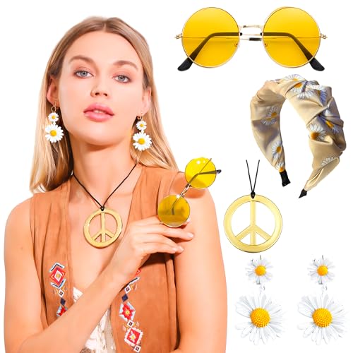 JeVenis Daisy Hippie Damen Abba Party Accessoires Boho Hippie Kostüm 60er 70er Kostüm Stirnbänder Runde Brille Feder Kette und Fransen Ohrring für Mädchen Karneval (Gelb) von JeVenis