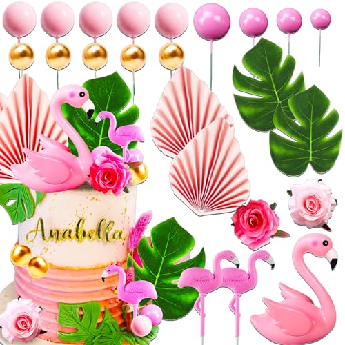 JeVenis Flamingo Kuchen Dekoration Blätter Kuchen Dekoration Gold Pink Kugeln Kuchen Dekoration Rosenkuchen Dekoration Flamingo Dekoration Tropische Party Dekoration von JeVenis