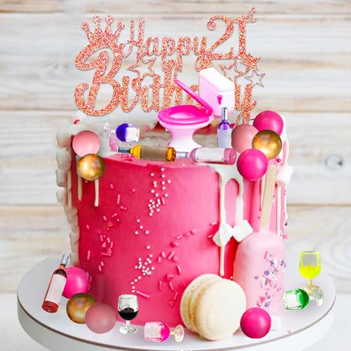 JeVenis Gold 21 Geburtstag Kuchen Dekorationen Flasche Glas Topper 21. Kuchen Topper für Sie Fun Doll Dekorationen 21 Geburtstag Dekorationen für Sie von JeVenis