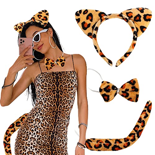 JeVenis Leopard Kostüm Erwachsene Leopardenohren und Schwanz Erwachsene Ohren Schleife Schwanz Set Lets Get Wild Party Requisiten Zubehör Erwachsene für Halloween Karneval Party von JeVenis