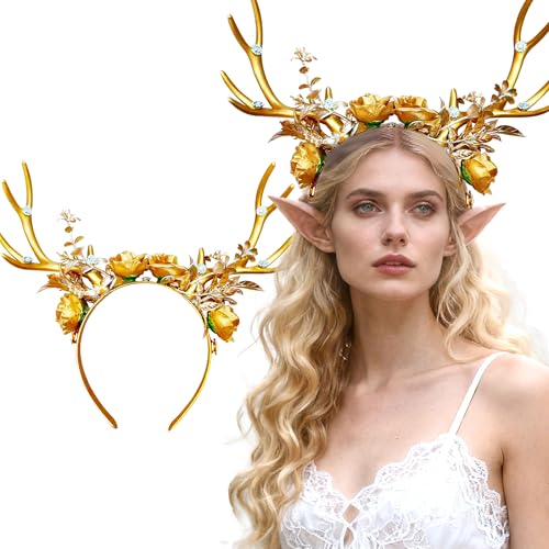 JeVenis Luxuriöses Rentiergeweih Stirnbänder Gold Hirsch Stirnband Fantasy Fee Elfen Stirnband Festival Wear Party Hüte von JeVenis