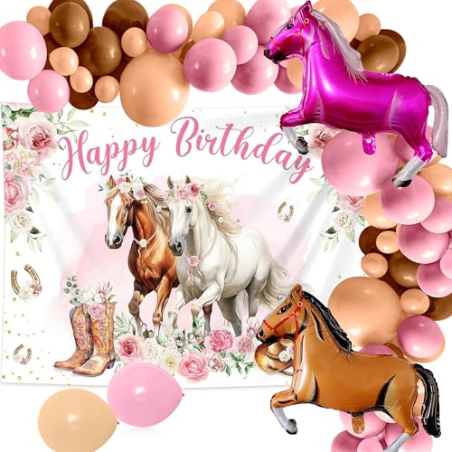 JeVenis Pferde-Party-Dekorationen für Mädchen, Pferde-Party-Dekorationen, Pferde-Themen-Banner, Fotohintergrund, Rennpferd, Luftballons, Western-Cowgirl-Geburtstagszubehör von JeVenis