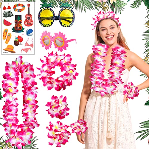 JeVenis Pink Hawaii Party Kostüme Set Hawaii Kostüm Damen Ananas Sonnenbrille Blume-Armbänder Blumen Faschingskostüme für Beachparty Deko von JeVenis