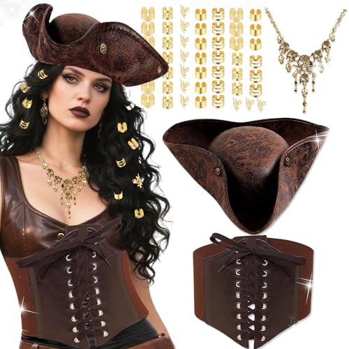 JeVenis Piraten Kostüm Zubehör Set Piraten Stirnband Wrap Schädel Halskette Taillengürtel Halloween Kapitän Kostüm Karneval Musik Festival Outfit von JeVenis