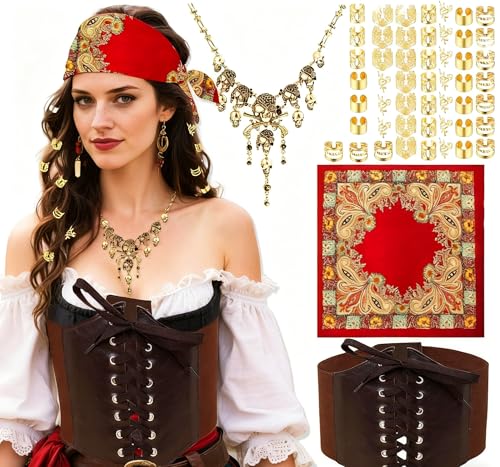 JeVenis Piratenkostüm-Zubehör-Set, Piraten-Stirnband, Wickel-Totenkopf-Halskette, Taillengürtel, Halloween, Kapitän-Kostüm, Karneval, Musikfestival-Outfit von JeVenis