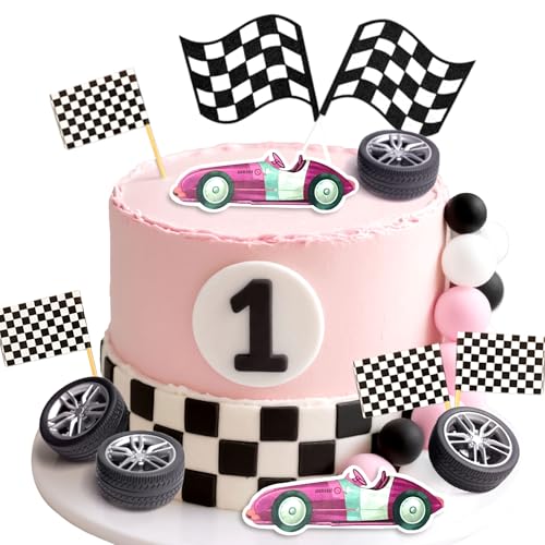 JeVenis Rennauto-Kuchendekorationen, Auto-Kuchenaufsatz, karierte Flagge, Kuchendekoration, Aufwachsen, zwei schnelle Geburtstagsdekorationen. Fast One Fast Three Need Four Speed von JeVenis