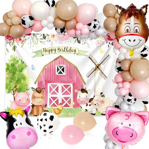 JeVenis Rosa Bauernhoftiere Geburtstag Dekorationen Mädchen Bauernhaus Barnyard Themed Dekorationen Kuh Schwein Pferd Ballon Banner Bauernhof Geburtstag Party Supplies von JeVenis