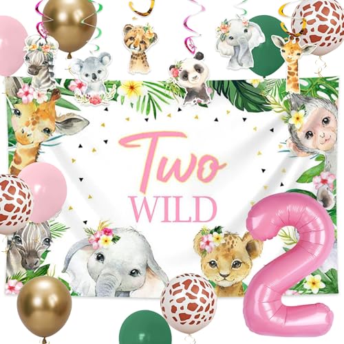 JeVenis Rosa Zwei wilde Geburtstagsdekorationen Dschungel 2. Geburtstag Dekorationen für Mädchen Safari Ballon Tier Dschungel Thema Party Supplies von JeVenis