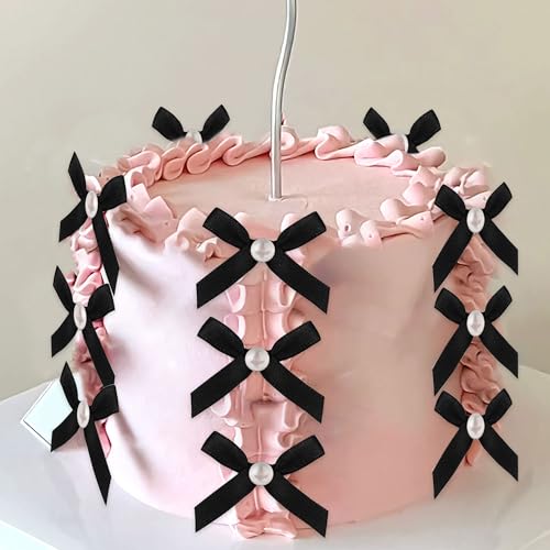 JeVenis 12 Stück Schwarz Kuchendekoration mit schwarzer Perlenschleife Deko Black Bow Pinke Deko Rosa Schleife Tortendeko Rosa Prinzessin Tortendeko Geburtstagsdeko von JeVenis