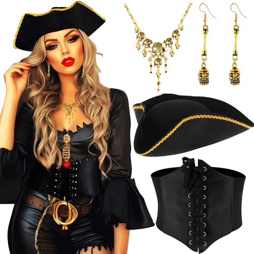 JeVenis Schwarzer Piratenhut Piratenkapitän Kostüm Zubehör Set Stirnband Wrap Totenkopf Halskette Taillengürtel Halloween Kapitän Kostüm Karneval Musik Festival Outfit JeVenis Schwarzer Piratenhut Piratenkapitän Kostüm Zubehör Set Stirnband Wrap Totenkopf Halskette Taillengürtel Halloween Kapitän Kostüm Karneval Musik Festival Outfit von JeVenis