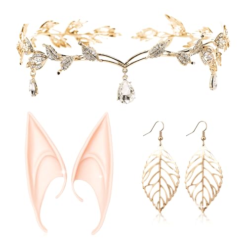 JeVenis Set mit 3 luxuriösen Elfen-Kopfbedeckungen, Elfenohren, Elfenkrone, Tiara, Feen-Kopfschmuck, Elfenkopfschmuck, Fee von JeVenis